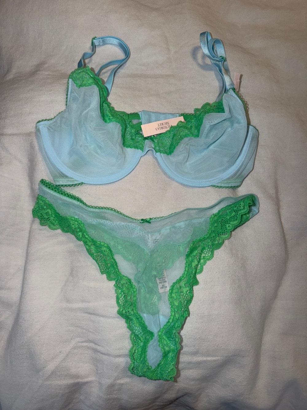 Victoria's Secret Light Blue Bra and Bright Green Lace Trim Set